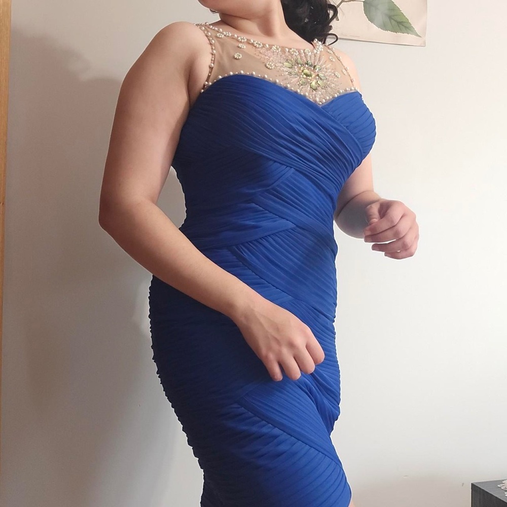 Adrianna Papell Blue Sweetheart Ruched Midi Dress